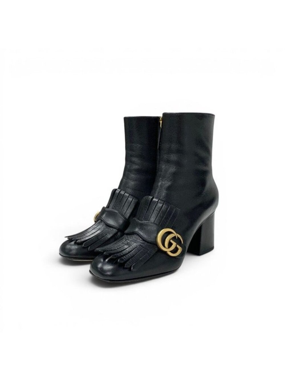 Gucci Boots Short Shoes Leather Black Gold GG Marmont Tassel Double